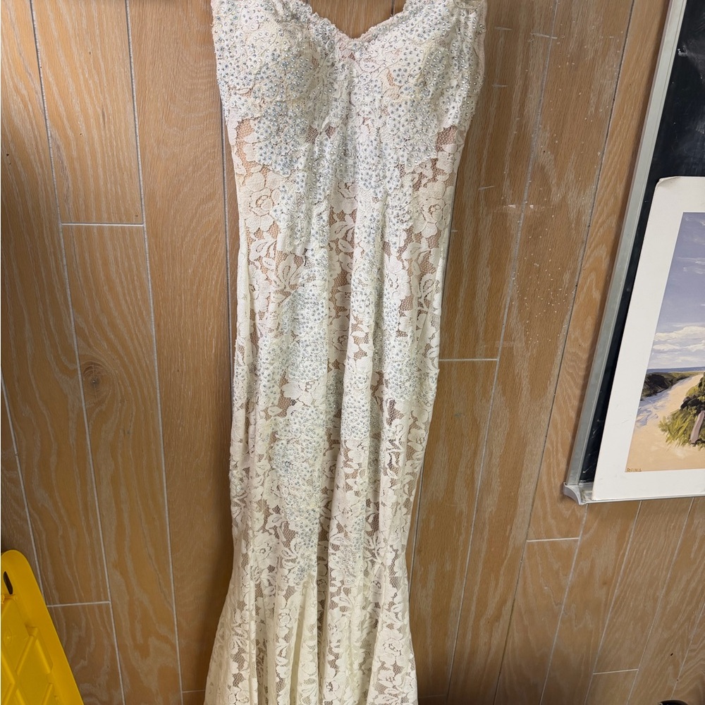 Jovani Cream Lace Maxi Dress